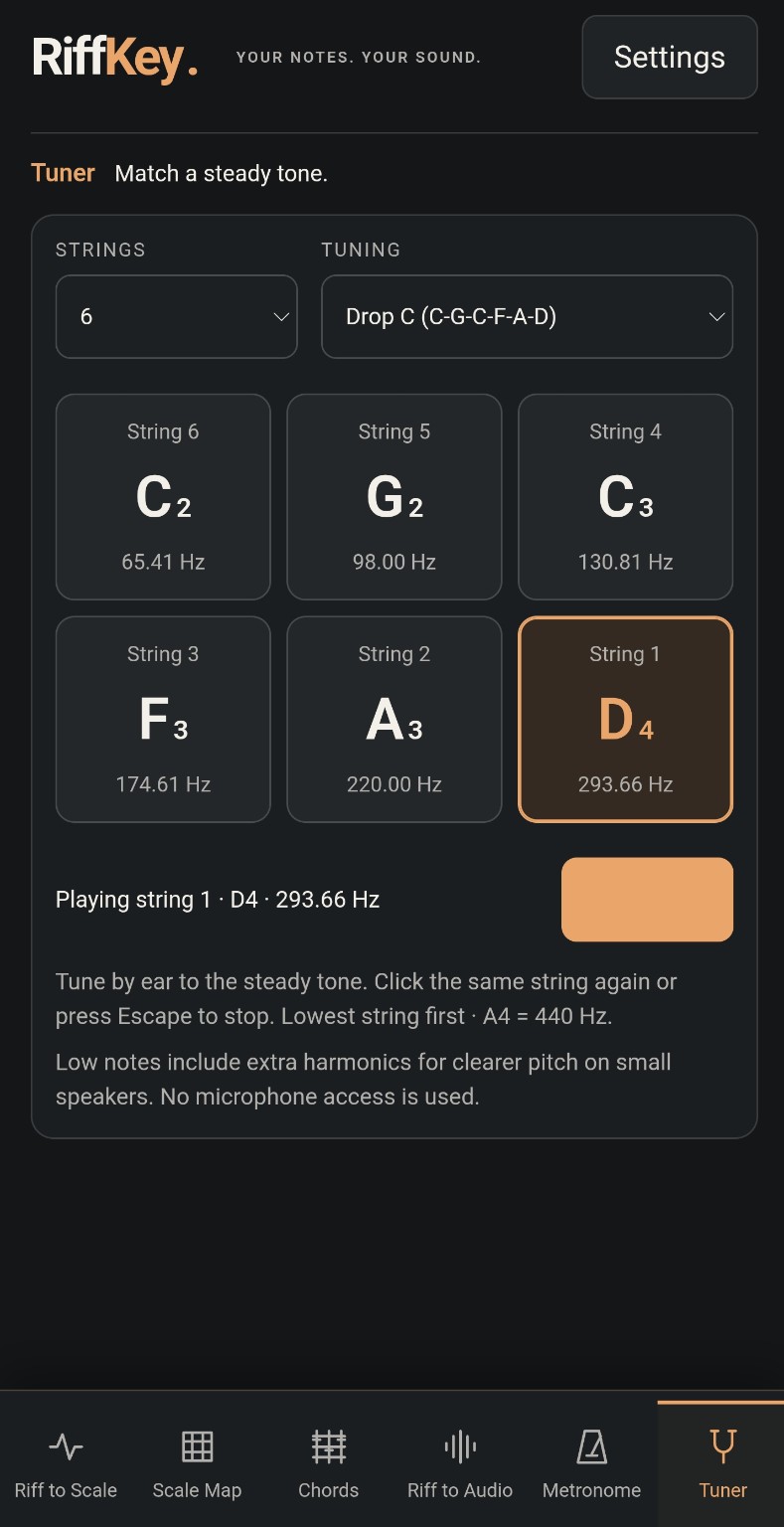 RiffKey tuner interface on a phone
